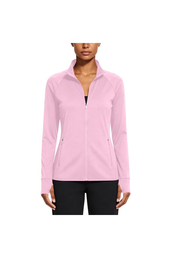 Women's Jacket Full Zip Stand Collar Thumbhole Cuffs Side Zip Pockets Polyester Spandex Slim Shape Running Gym Outdoor Activities Spring Warm Weather (Pink, L)