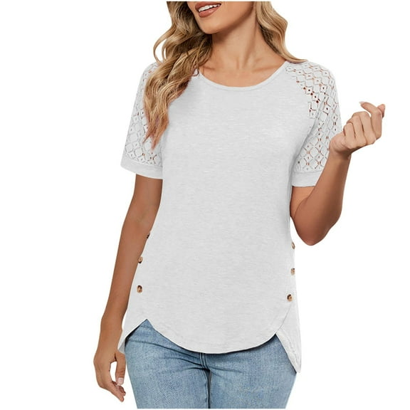 CheerKidz Women's Lace Patchwork Blouse Irregular Hem Button-Up Casual Shirt,Spring Summer Dressy Vacation Blouse,Unique Office Playwear(White,2XL)