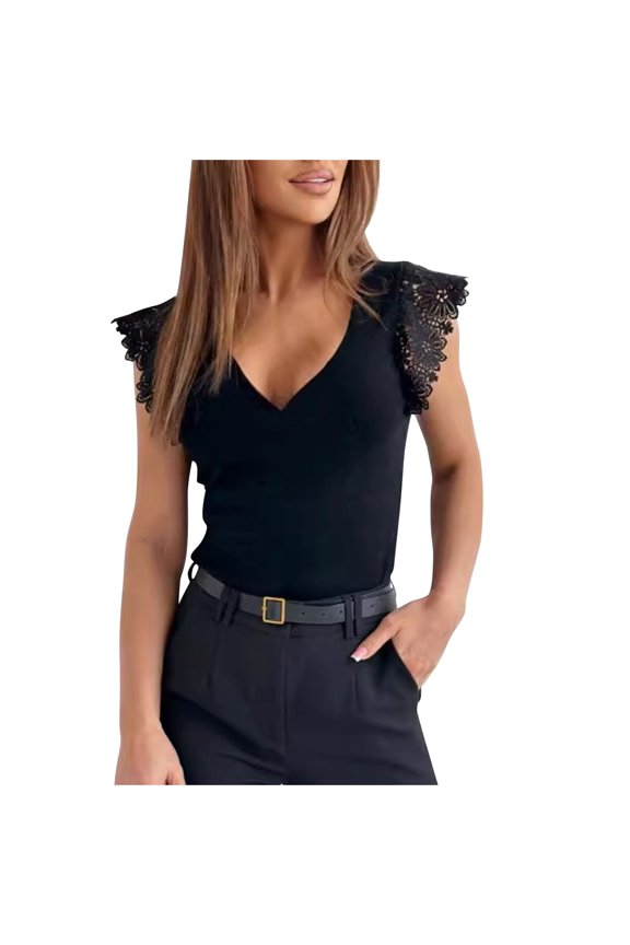 Women's Lace V-Neck Tank Top Summer Sleeveless Camisole,Casual Beach Vacation Clothes,Fashion Tops 2025 Elegant(Black,L)