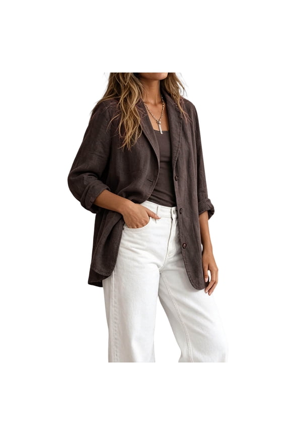 Women's Lapel Collar, Button Down Long Sleeve Cardigan, Casual Linen Style Blazer, Solid Color Open Front Coat, Spring Fall Outerwear, Daily Office Wear (Coffee, XL).