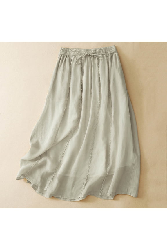 Women's Light Fabric Drawstring Elastic Waist Midi Skirt, Solid Color Layered A-Line Flowy Long Skirt Green L