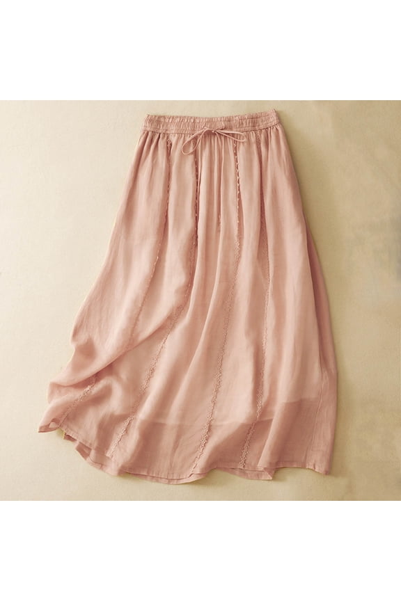 Women's Light Fabric Drawstring Elastic Waist Midi Skirt, Solid Color Layered A-Line Flowy Long Skirt Red M