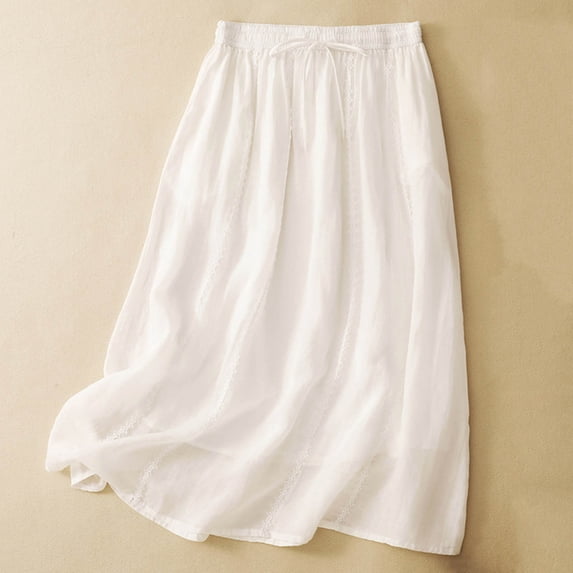 CheerKidz Women's Light Fabric Drawstring Elastic Waist Midi Skirt, Solid Color Layered A-Line Flowy Long Skirt White L