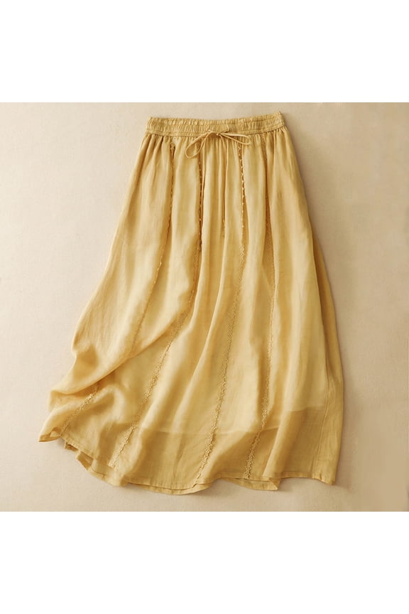 Women's Light Fabric Drawstring Elastic Waist Midi Skirt, Solid Color Layered A-Line Flowy Long Skirt Yellow 2XL