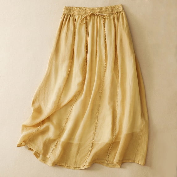 CheerKidz Women's Light Fabric Drawstring Elastic Waist Midi Skirt, Solid Color Layered A-Line Flowy Long Skirt Yellow M