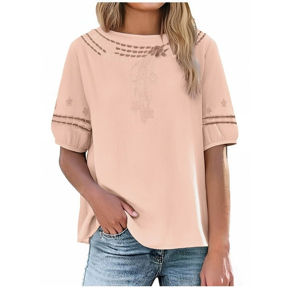 CheerKidz Women's Linen V-Neck Short Sleeve T-Shirt Breathable Solid Casual Tops for Summer,Lightweight Linen Style Blouse,Fashion Basic Soft Tee(Pink#2,XL)