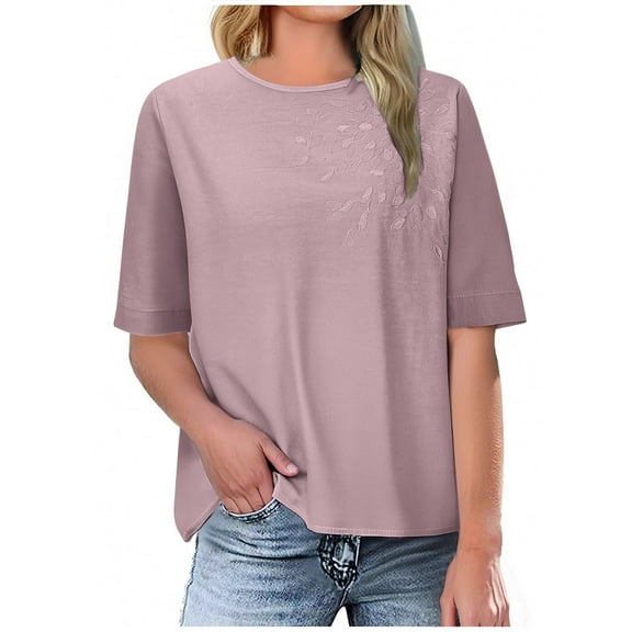 CheerKidz Women's Linen V-Neck Short Sleeve T-Shirt Breathable Solid Casual Tops for Summer,Lightweight Linen Style Blouse,Fashion Basic Soft Tee(Pink#3,3XL)