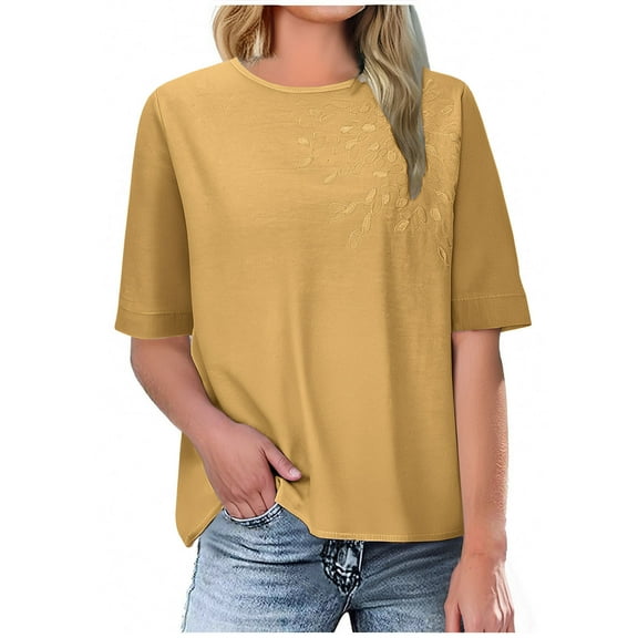 CheerKidz Women's Linen V-Neck Short Sleeve T-Shirt Breathable Solid Casual Tops for Summer,Lightweight Linen Style Blouse,Fashion Basic Soft Tee(Yellow#3,S)