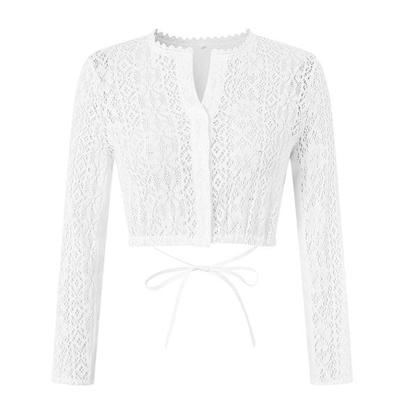 CheerKidz Women's Long Sleeve Lace Cardigan, V-Neck Button Front Cropped Top, German Style Blouse, for Oktoberfest Party, Daily Wear, Spring Warm-Weather Fashion Tops (White, 2XL).