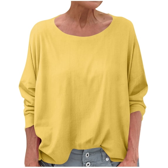 CheerKidz Women's Long Sleeve Round Neck Solid Color T-Shirt Fashionable Comfortable Basic Tops Versatile Layering Piece for All Seasons(Yellow,L)