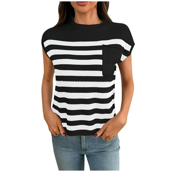 CheerKidz Women's Loose Casual Solid Color Round Neck Knitted Short Sleeve Sweater Spring Clothes Lightweight Layered Tunic Tops with Pockets