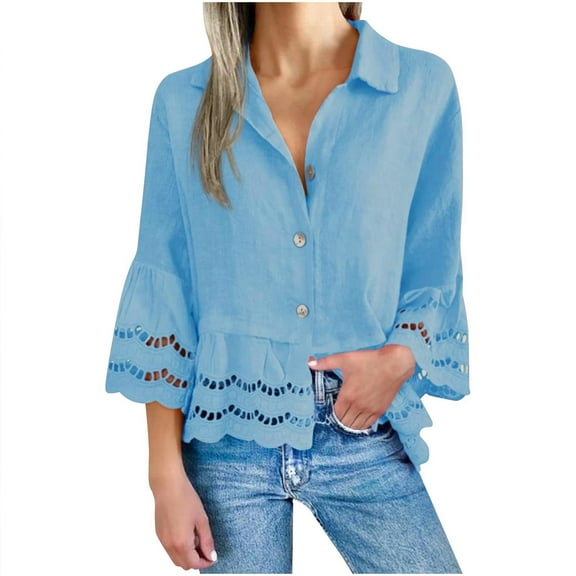 CheerKidz Women's Loose Cotton Linen Shirt 3/4 Sleeve Round Neck Tops Casual Blouse Breathable Natural Fabric Boho Style(Light Blue,M)