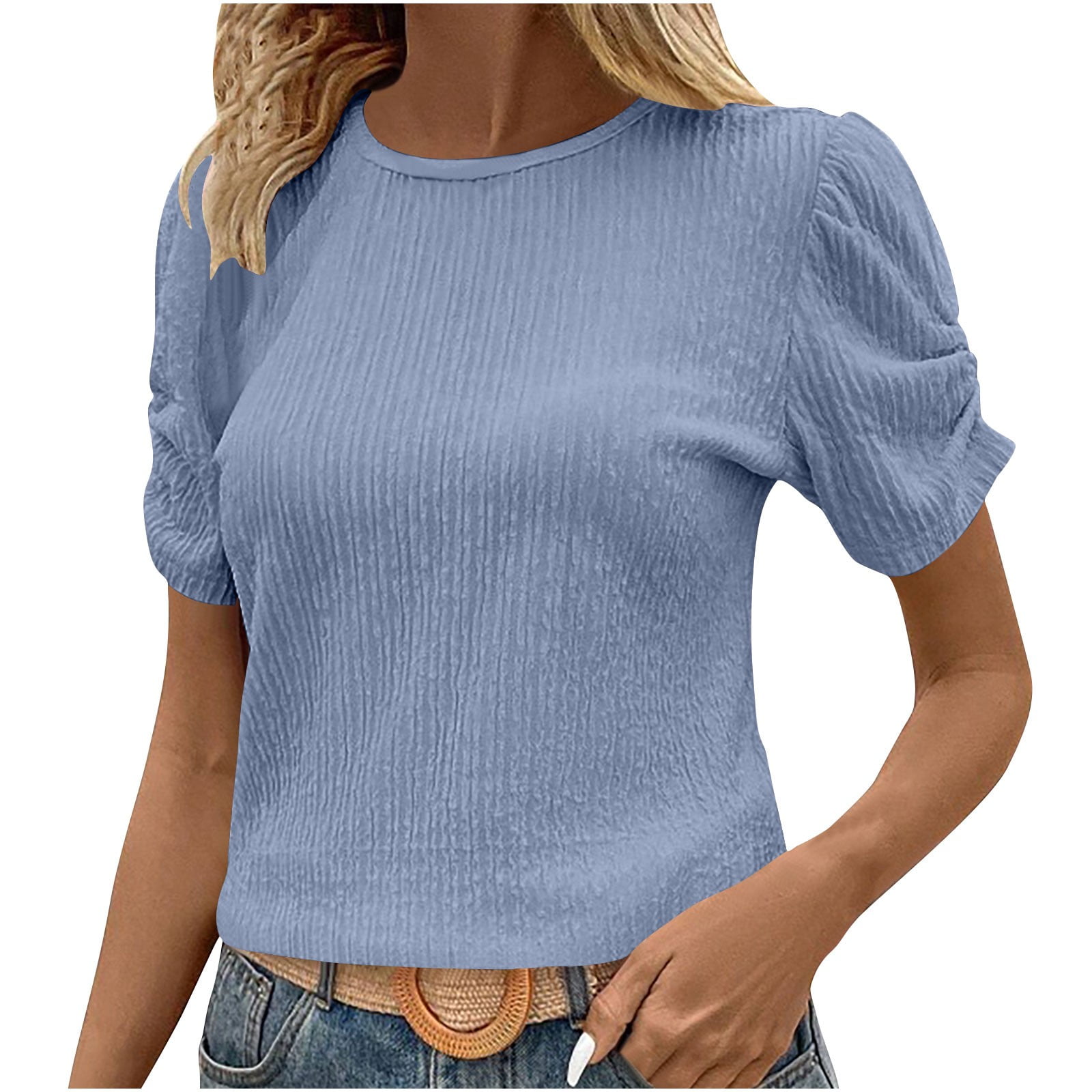 Women's Casual Blouse – Crewneck, Striped Sleeves, Solid Body, Rayon Blend, Blue, Size XL - View #7