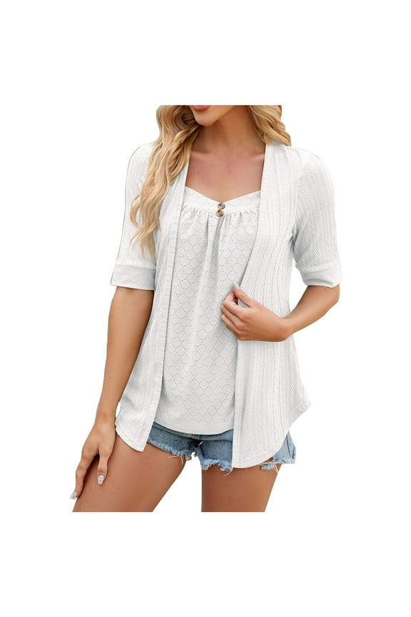 Women's New Solid Color Short-sleeved Fake Two-piece Pullover Tops Fashion Tops(White,L)