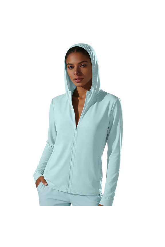 Women's Nylon Hoodies Zip Front Sun Protective Jacket UPF 50 Plus Long Sleeve Thumb Hole Pockets Outdoor Active Tops Warm Weather Spring Hiking Beach Cycling (Light Blue, 2XL).