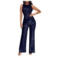 thumbnail image 1 of CheerKidz Women's Off-Shoulder Sequin Slim Romper,High Waist Round Neck Party Jumpsuit,Long Pants Glam Look(Dark Blue#1,L), 1 of 5