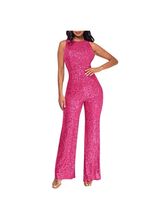 Women's Off-Shoulder Sequin Slim Romper,High Waist Round Neck Party Jumpsuit,Long Pants Glam Look(Hot Pink,L)