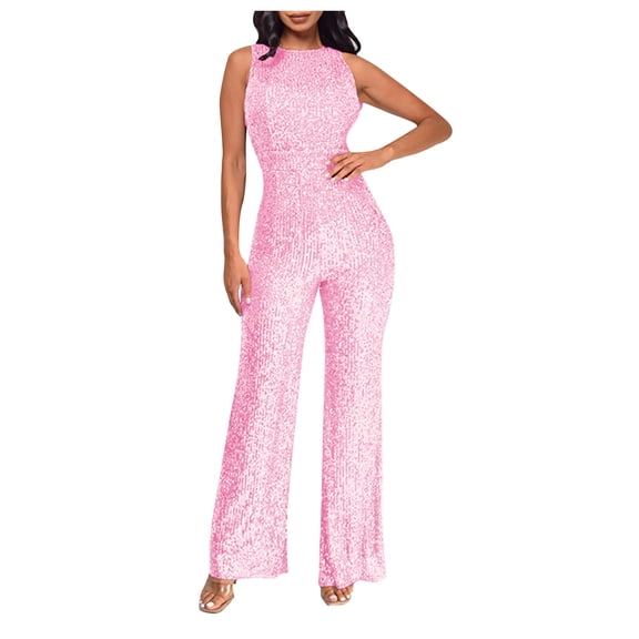 CheerKidz Women's Off-Shoulder Sequin Slim Romper,High Waist Round Neck Party Jumpsuit,Long Pants Glam Look(Pink,XL)