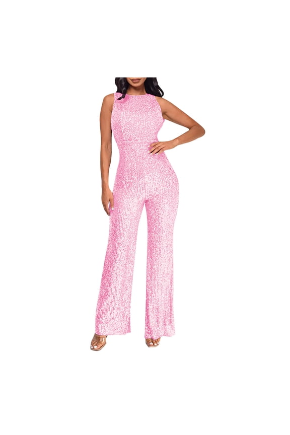 Women's Off-Shoulder Sequin Slim Romper,High Waist Round Neck Party Jumpsuit,Long Pants Glam Look(Pink,XL)