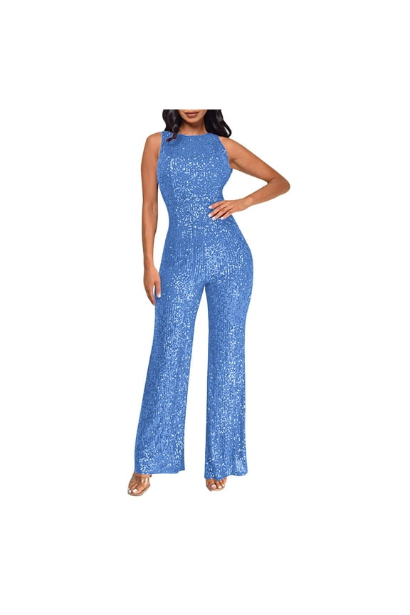 Women's Off-Shoulder Sequin Slim Romper,High Waist Round Neck Party Jumpsuit,Long Pants Glam Look(Sky Blue#1,S)