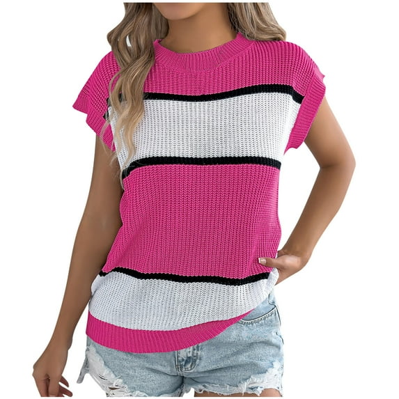 CheerKidz Women's Oversize Hooded Tank Striped Sleeveless Knit Tee,Loose Fits Casual Summer Crop Top(Hot Pink,XL)
