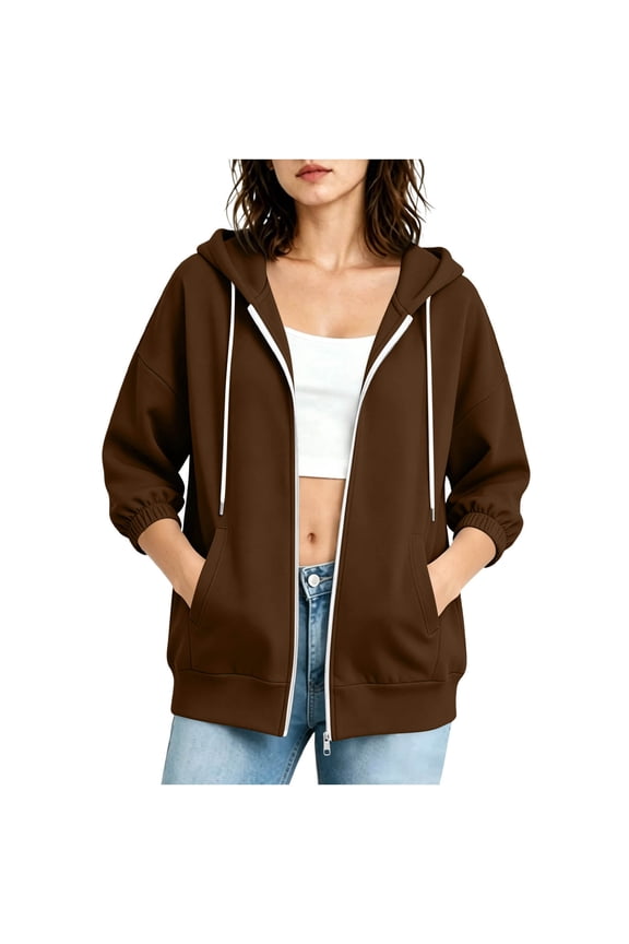 Women's Oversized Casual Solid Color Zip-Up Hoodie Drawstring Long Sleeve Elastic Cuff Jacket with Pockets Spring Autumn Loose Shape Outerwear Daily Tops (Brown, S).