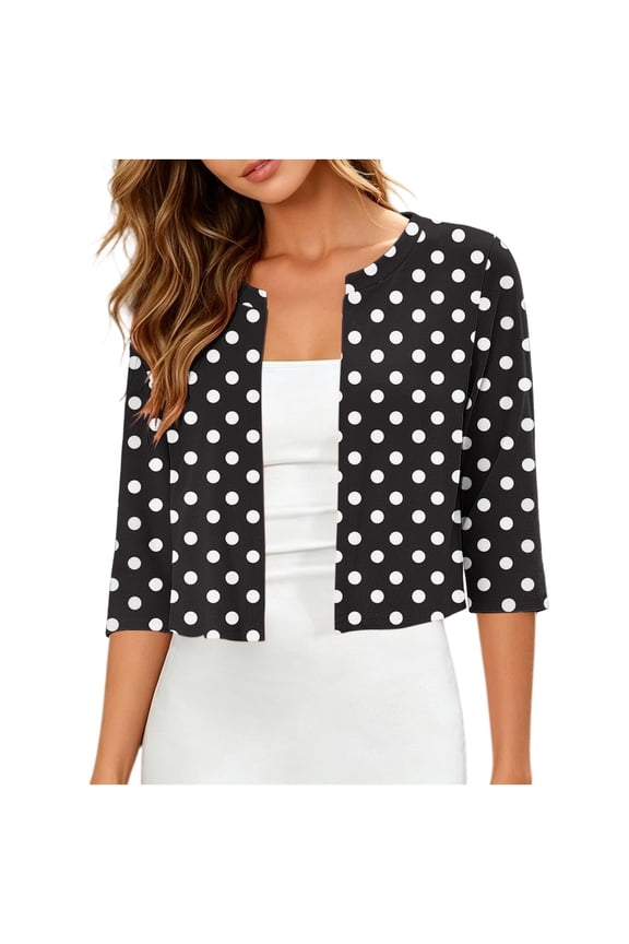 Women's Polka Dot Print, 3/4 Sleeve, Open Front Cardigan Top, Round Neck, Casual Cropped Shrug Jacket, Warm-Weather Spring Daily Office Wear, Trendy Women's Tops (Black, 2XL).