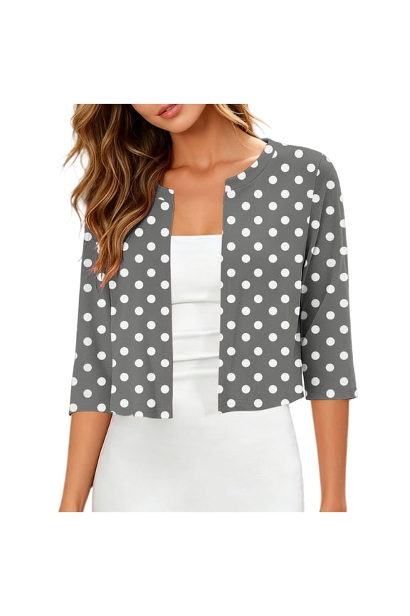 Women's Polka Dot Print, 3/4 Sleeve, Open Front Cardigan Top, Round Neck, Casual Cropped Shrug Jacket, Warm-Weather Spring Daily Office Wear, Trendy Women's Tops (Gray, S).
