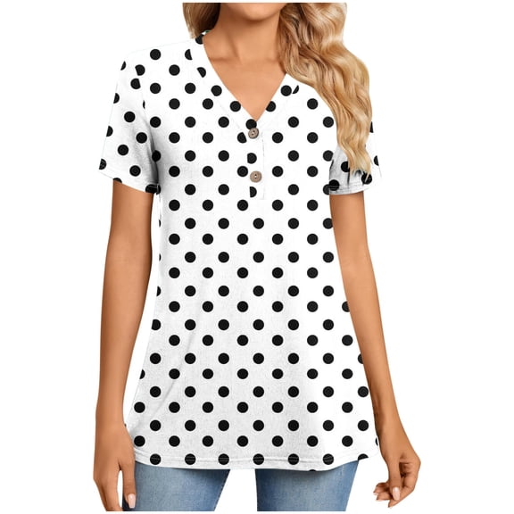 CheerKidz Women's Polka Dots V-Neck Button Up Short Sleeve Top Playful Print Summer Blouse Clothes Inspired Fashion Tee(White,3XL)