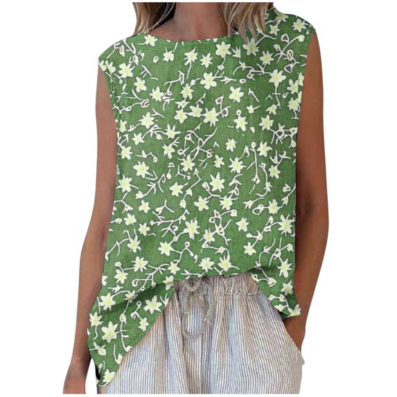 CheerKidz Women's Printed Round Neck Sleeveless Tank Tops Summer 2025 Casual Fashion Tee,Breathable Lightweight Blouse,Trendy Vacation and Beachwear,Loose Fits Yoga Tops(Army Green#4,M)