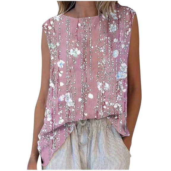 CheerKidz Women's Printed Round Neck Sleeveless Tank Tops Summer 2025 Casual Fashion Tee,Breathable Lightweight Blouse,Trendy Vacation and Beachwear,Loose Fits Yoga Tops(Pink#5,XL)