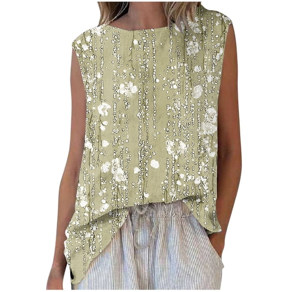 CheerKidz Women's Printed Round Neck Sleeveless Tank Tops Summer Casual Fashion Tee,Breathable Lightweight Blouse,Trendy Vacation and Beachwear,Loose Fits Yoga Tops(Yellow#5,L)