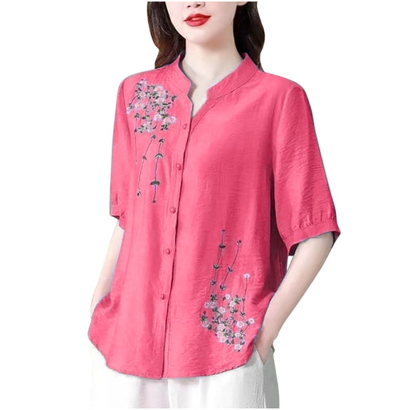 CheerKidz Women's Retro Embroidered Round Neck Short Sleeve Blouse Five Quarter Sleeve Vintage Fashion(Hot Pink,M)