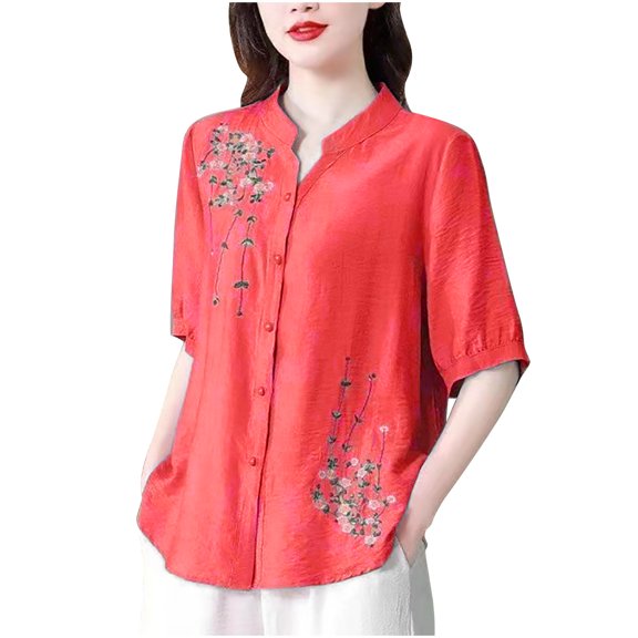 CheerKidz Women's Retro Embroidered Round Neck Short Sleeve Blouse Five Quarter Sleeve Vintage Fashion(Red,L)