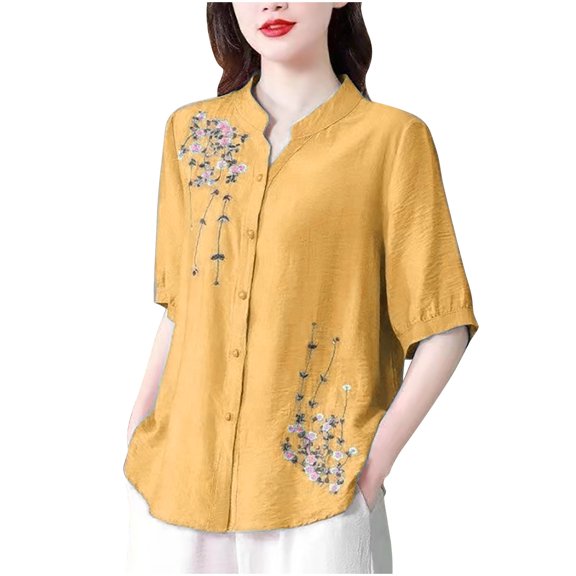 CheerKidz Women's Retro Embroidered Round Neck Short Sleeve Blouse Five Quarter Sleeve Vintage Fashion(Yellow,2XL)