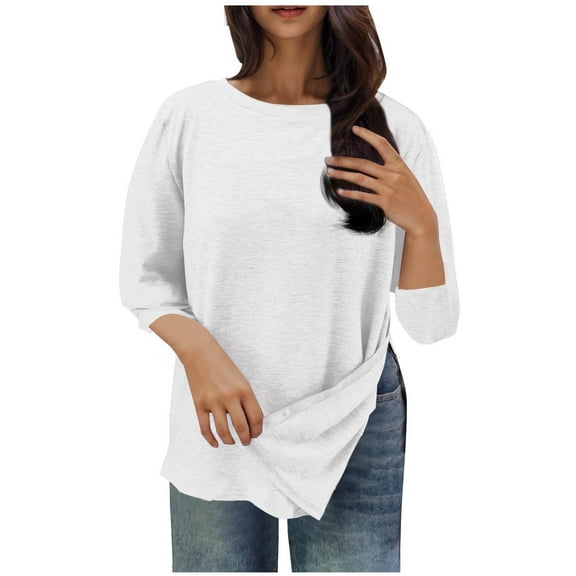 CheerKidz Women's Round Neck 3/4 Sleeve T-Shirt Printed Casual Blouse Summer Lightweight Wrinkle Free Office Wear(Blue,S)