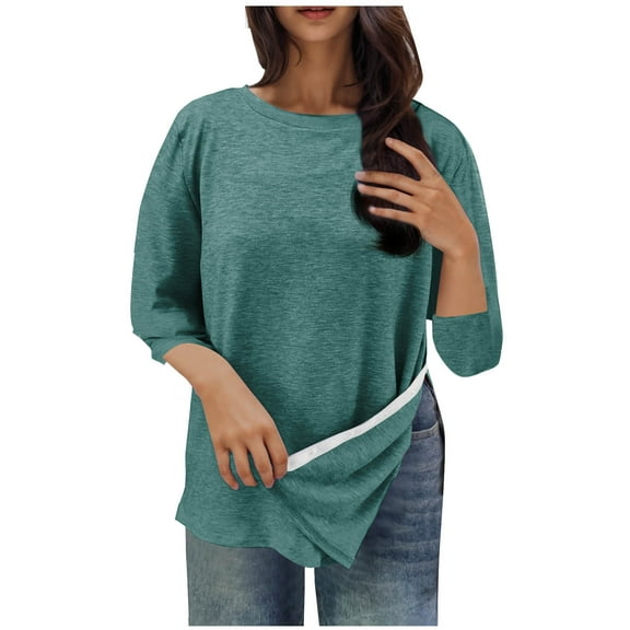 CheerKidz Women's Round Neck 3/4 Sleeve T-Shirt Printed Casual Blouse Summer Lightweight Wrinkle Free Office Wear(Green,S)