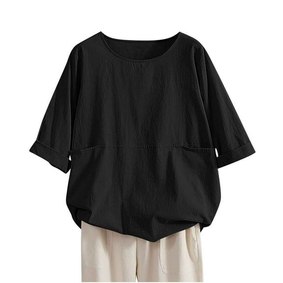 CheerKidz Women's Round Neck Half Sleeve Loose Tunic Top Summer Cotton Linen Blend Solid Color Casual Shirt Breathable for Hot Weather(Black,L)