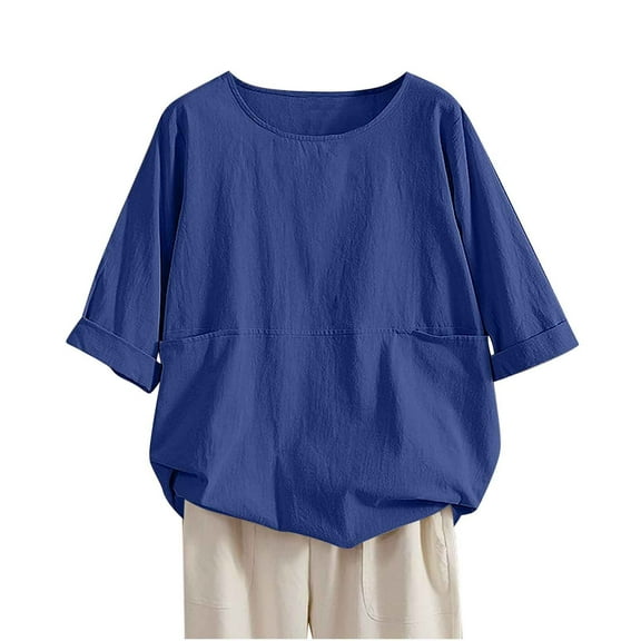 CheerKidz Women's Round Neck Half Sleeve Loose Tunic Top Summer Cotton Linen Blend Solid Color Casual Shirt Breathable for Hot Weather(Blue,S)