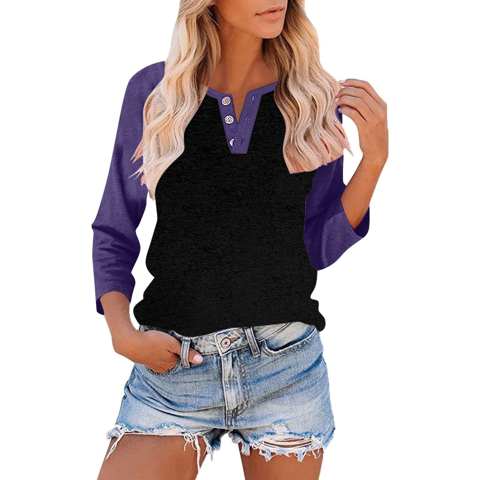 Women's Casual Blouse – Crewneck, Striped Sleeves, Solid Body, Rayon Blend, Blue, Size XL - View #5