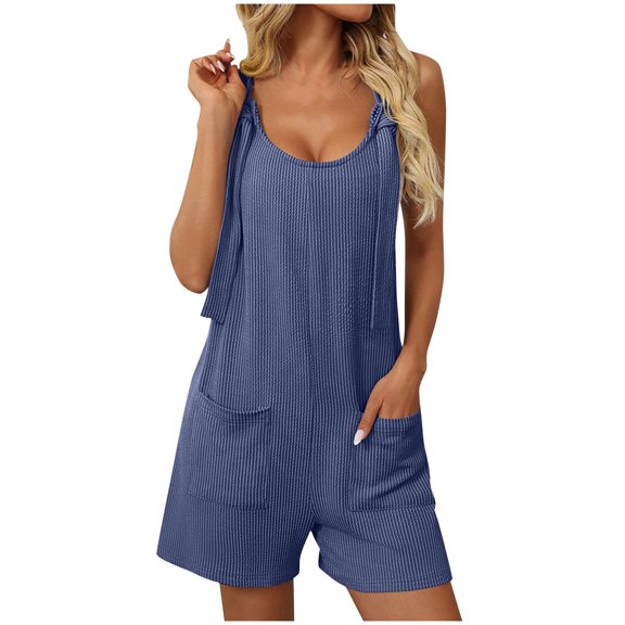 CheerKidz Women's Round Neck Sleeveless Jumpsuit,Solid Color Short Romper with Pockets,Casual Summer 1-Piece Outfit Summer Overall Shorts(Blue,L)