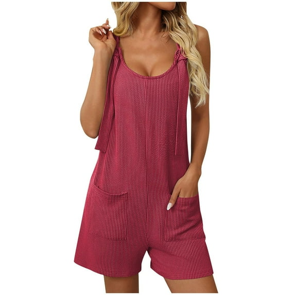 CheerKidz Women's Round Neck Sleeveless Jumpsuit,Solid Color Short Romper with Pockets,Casual Summer 1-Piece Outfit Summer Overall Shorts(Wine,M)