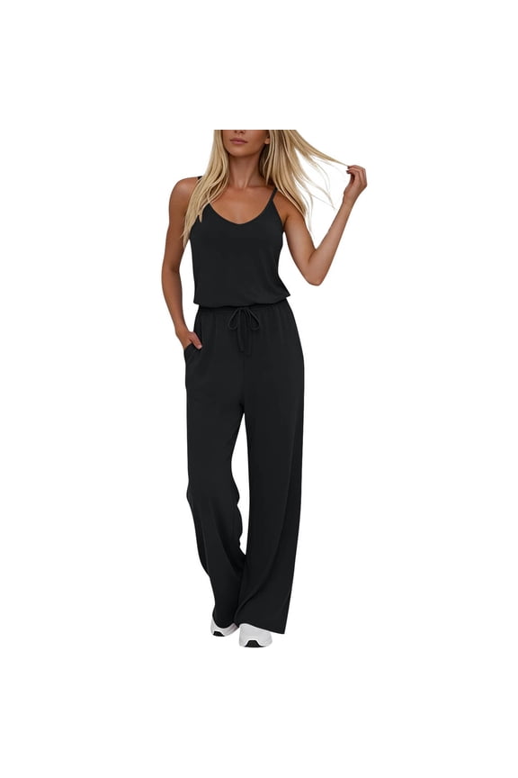 Women's Ruffled Waist Wide Leg Jumpsuit Solid Color Casual Romper with Side Split Elegant Summer Long Pants Jumpsuit with Pockets