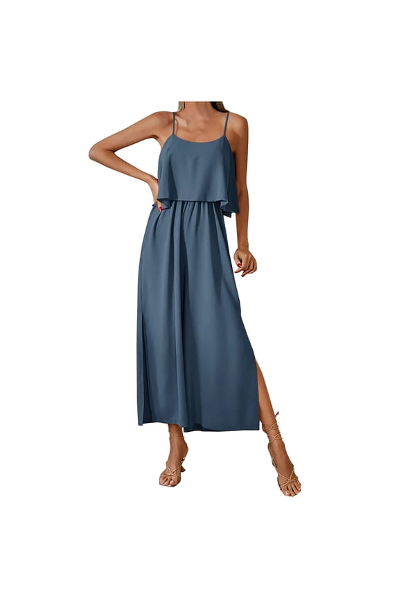 Women's Ruffled Waist Wide Leg Jumpsuit Solid Color Casual Romper with Side Split Elegant Summer Outfit(Blue,M)