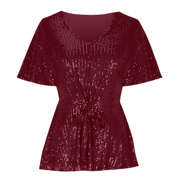 CheerKidz Women's Sexy V Neck Sequin Short Sleeve T Shirt Fashion Blouse Summer Beach Playwear Breathable Round Neck Casual Tops Vacation Wear(Wine,M)