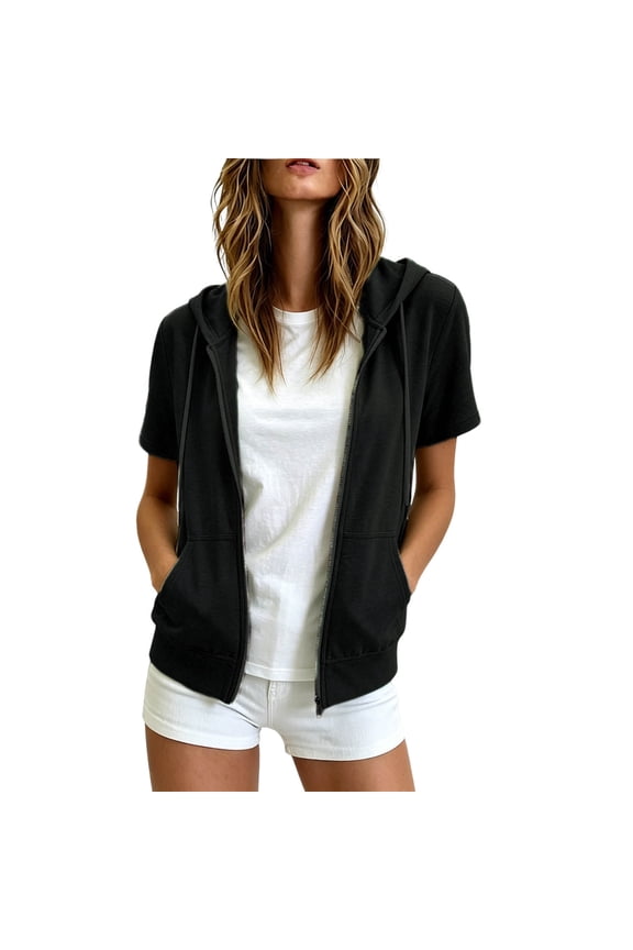 Women's Short Sleeve Hooded Zip Up Jacket Casual Solid Color Front Pocket Airy Sweatshirt Cardigan Spring Warm-Weather Daily Outerwear Trendy Top (Black, L).
