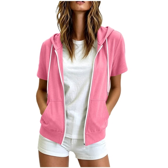 CheerKidz Women's Short Sleeve Zip Up Hoodie Jacket Casual Solid Color Drawstring Hooded Sweatshirt with Pockets Airy Spring Warm-Weather Top for Daily Wear (Pink, 2XL).