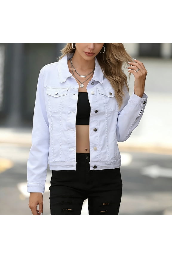 Women's Solid Color Collared Denim Jacket with Front Pockets White S
