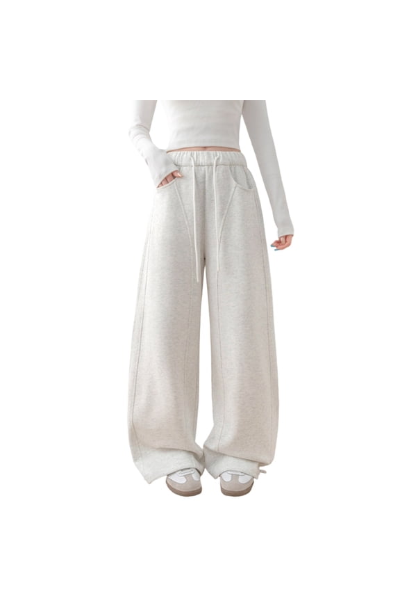 Women's Solid Color Elastic Waist Drawstring Wide Leg Sweatpants Casual Loose Cut Ankle Strap Joggers Pants for Daily Wear and Relaxation Activities (White, M).