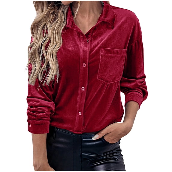 CheerKidz Women's Solid Color Long Sleeve Cardigan Top with Pocket and Button Front Soft Velvet Feel Casual Fall and Spring Wear(Red,L)